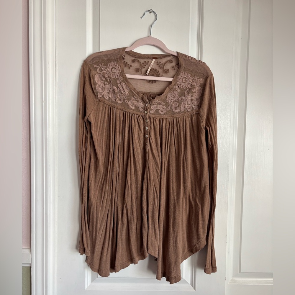Free People Embroidered Yoke Long-Sleeve Tunic in Brown